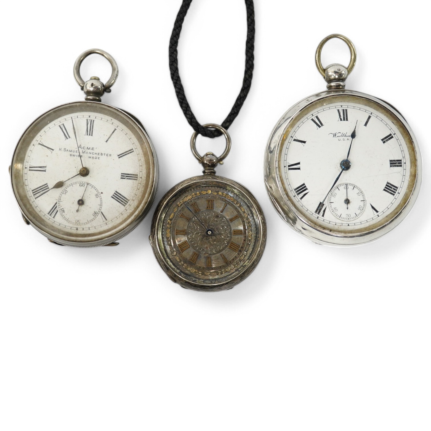 A George V Waltham silver open faced key wind pocket watch (a.f.), a 935 white metal open faced pocket watch and an 800 white metal fob watch. Condition - poor